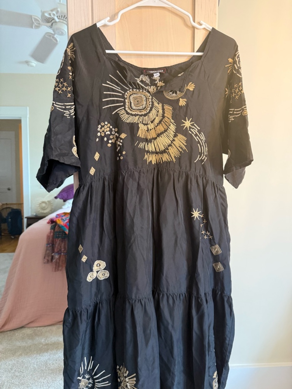 Johnny Was Black Midi Dress with Gold Embroidery